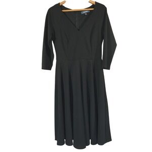 ModCloth Black Fit and Flare Midi Dress V-Neck‎ 3/4 Sleeve Career Party